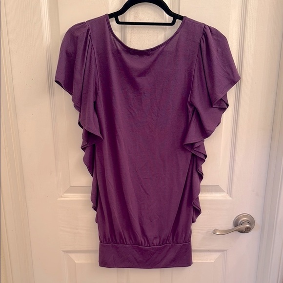 Energie Purple Ruched Tunic Blouse with Ruffled Sleeves - Picture 2 of 5